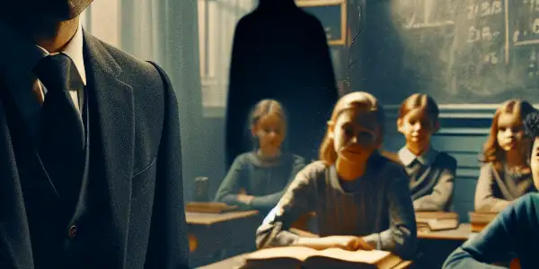 A mysterious classroom scene with an enigmatic teacher and intrigued students, hinting at hidden secrets and suspense.