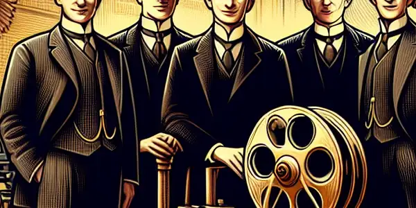 Vintage 1920s Hollywood scene featuring Warner Bros. founders, classic cinema, and symbols of iconic film franchises.