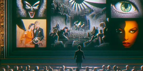 A vintage cinema scene depicting an audience reacting to taboo themes of sexuality and violence on screen.