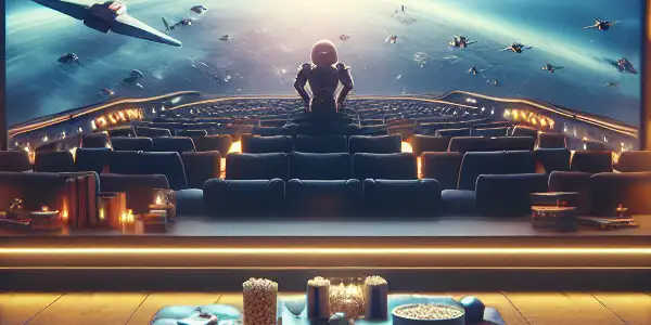 A cozy home theater featuring a large screen, plush seating, and a vast movie collection.