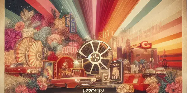 A vintage cinema scene with plush red seating, showcasing abstract representations of iconic erotic films.