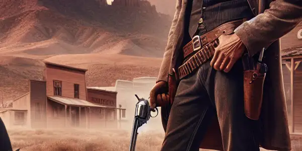 A rugged cowboy stands confidently in a dusty desert at sunset, with a grazing horse and distant frontier town.