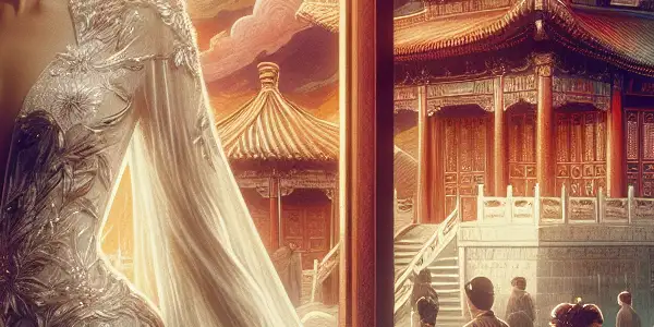 A captivating movie poster featuring actress Eva Huang in a dramatic historical setting with vibrant colors and elegant attire.