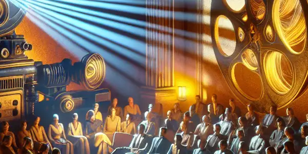 A cozy room filled with film memorabilia, where diverse enthusiasts discuss hidden meanings in cinema.