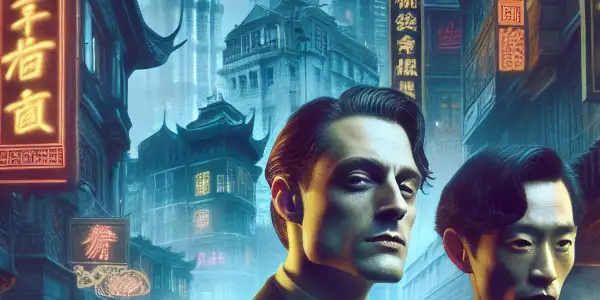 A dramatic scene in old Shanghai featuring a charismatic man with a revolver, a brooding figure, and a mysterious woman.