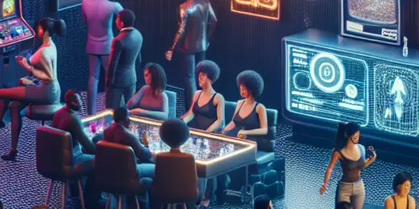 A lively game room with diverse adults enjoying retro and modern gaming, surrounded by neon lights and digital rewards.
