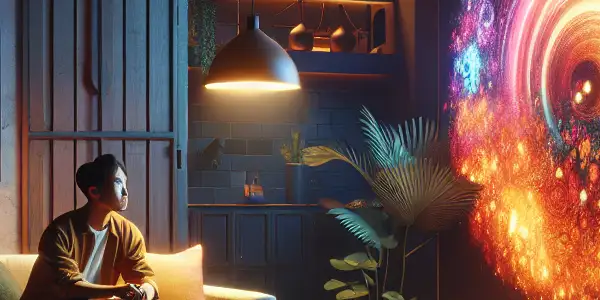 A cozy living room scene with a person enjoying vibrant digital content on a large screen, emphasizing curiosity and safety.