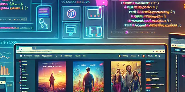 A modern workspace showcasing dual monitors with a movie website layout and coding elements for website development.