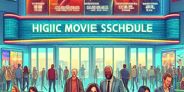 A lively cinema lobby filled with diverse moviegoers checking showtimes on phones and digital displays.