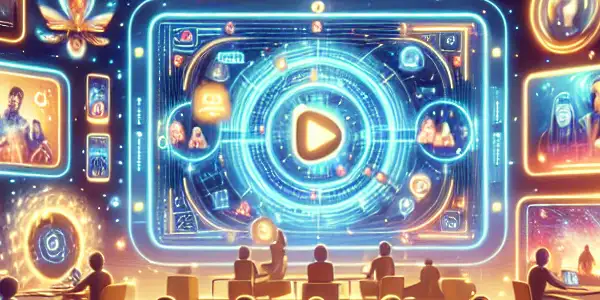 A vibrant digital library showcasing diverse entertainment content, guided by a friendly AI assistant, emphasizing user safety and privacy.