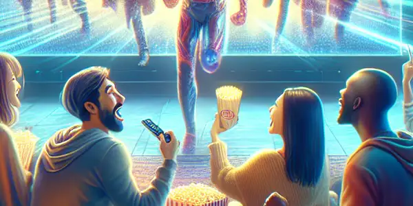 A diverse group of friends enjoying a movie night at home with popcorn, cozy blankets, and colorful lighting.