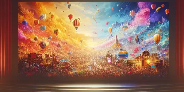 A vintage cinema interior featuring plush red seats, a large screen with iconic movie scenes, and subtle modern technology.