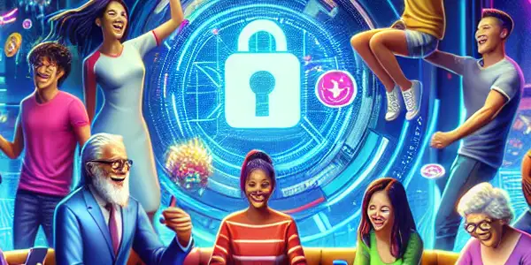 A vibrant gaming lounge filled with diverse players joyfully interacting with devices amidst dynamic gaming elements and colorful decorations.