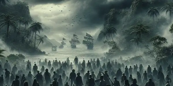 A tense group of diverse characters on a misty tropical island, driven by greed amidst looming danger.