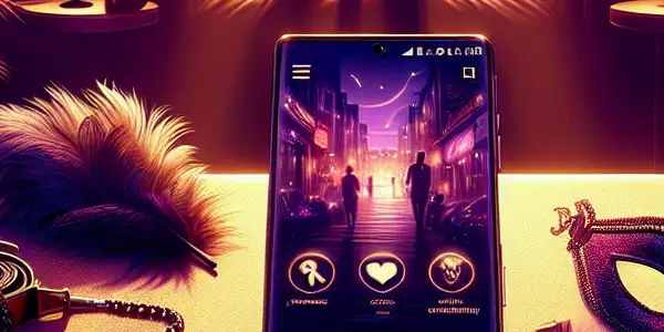 A cozy, dimly-lit room featuring a smartphone on a velvet cushion surrounded by SM role-playing props and silhouettes.