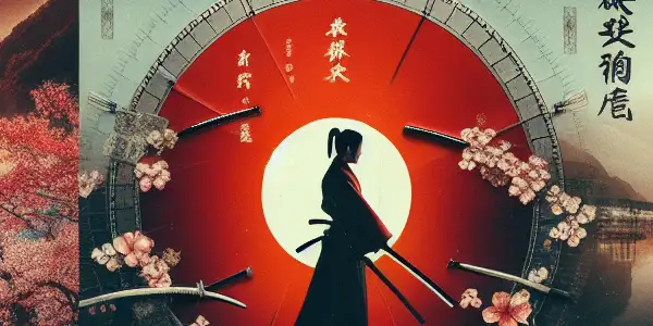 A vibrant collage blending traditional Eastern elements with dynamic action scenes, featuring cherry blossoms, a dragon, and a samurai sword.