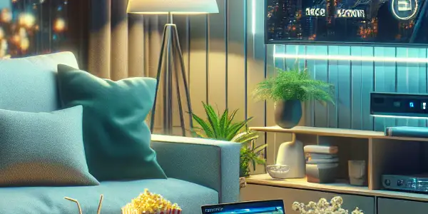 A cozy living room with a large TV, streaming movies, snacks, and a nighttime cityscape view.