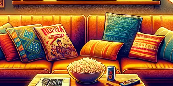 A cozy living room showcasing iconic Korean films, complete with a large screen, popcorn, and cultural decor.