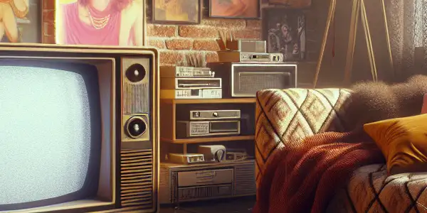 A nostalgic 1980s living room filled with retro decor, VHS tapes, and iconic adult film memorabilia.
