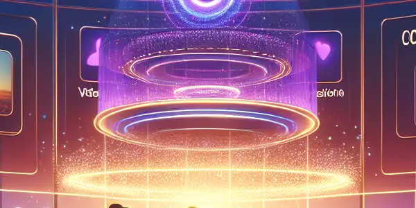 A futuristic virtual reality platform showcasing diverse adult content categories with users engaging through immersive experiences.