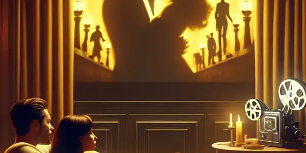 A cozy room with a couple watching a vintage film projected on a wall, surrounded by warm lighting and intimate decor.