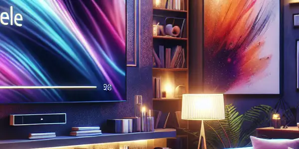 A modern living room with a large screen displaying vibrant visuals, cozy furnishings, and ambient lighting for digital entertainment.