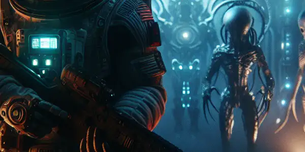 A tense space engineer confronts lurking alien horrors in a dimly lit, abandoned spaceship interior.