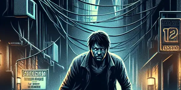 A determined hero navigates a dark, shadowy alley, pursued by a menacing figure in a tense escape scenario.