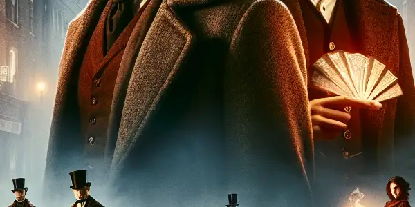 Two rival magicians confront each other in a foggy, gas-lit 19th-century London theater, exuding intensity and rivalry.