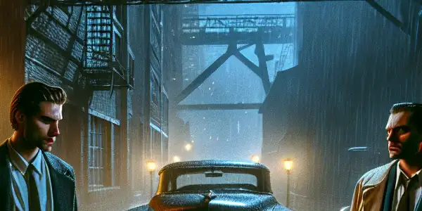 Two detectives in a dark, rain-soaked urban setting, surrounded by visual representations of the seven deadly sins.