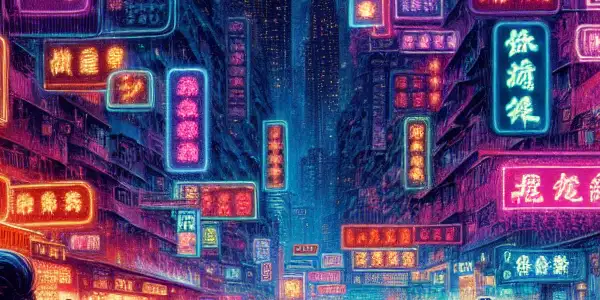 A vibrant Hong Kong night scene featuring two characters in a passionate, dramatic interaction amidst neon lights and film motifs.