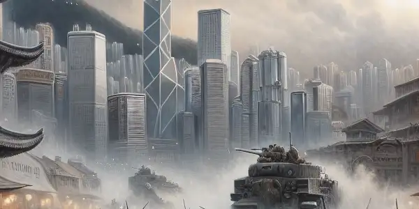 A tense scene of Hong Kong in 1941, depicting civilians and soldiers amidst chaos during the city's fall in WWII.