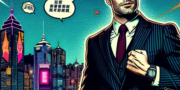 A charismatic lawyer in a vibrant Hong Kong cityscape, surrounded by humorous speech bubbles and an action-packed backdrop.