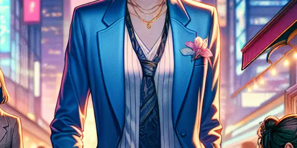 A confident character in a stylish outfit stands in a vibrant Japanese cityscape at dusk, embodying romance and determination.