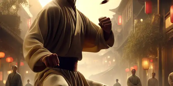 A confident Wing Chun master stands in a vibrant 1920s Tianjin street, hinting at an impending martial arts conflict.