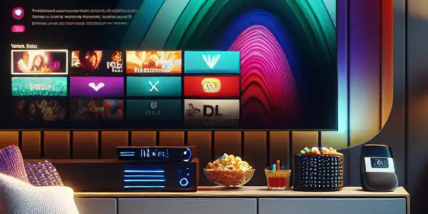 A cozy living room setup for private movie viewing, featuring a large TV, comfortable sofa, and snacks.