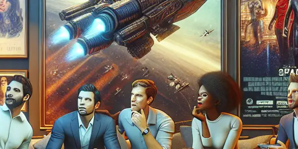 A cozy living room scene with friends enjoying a sci-fi movie, surrounded by modern decor and technology.