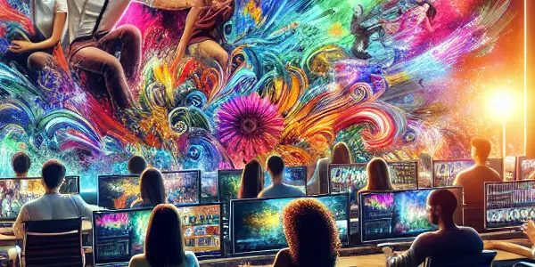 A modern editing room with diverse individuals collaborating on vibrant erotic film clips, showcasing creativity and focus.