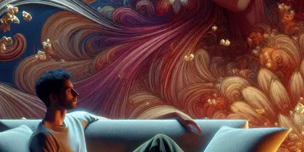 A cozy living room scene with a young man enjoying a movie night, surrounded by cushions and popcorn.