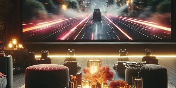 A cozy, dimly lit room featuring a large screen displaying an engaging Japanese adult film scene with plush seating and snacks.