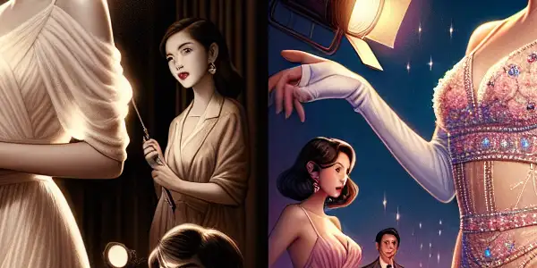 A split scene depicting actress Chiu Shuk-Cheng's evolution from innocent youth to bold sensuality on a 1980s film set.