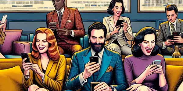 A lively lounge scene featuring diverse people excitedly browsing promotional offers on digital devices, surrounded by classic adult movie posters.