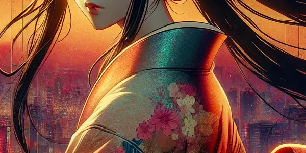 A tribute poster featuring a young Japanese actress in a kimono, surrounded by cherry blossoms against an urban sunset backdrop.