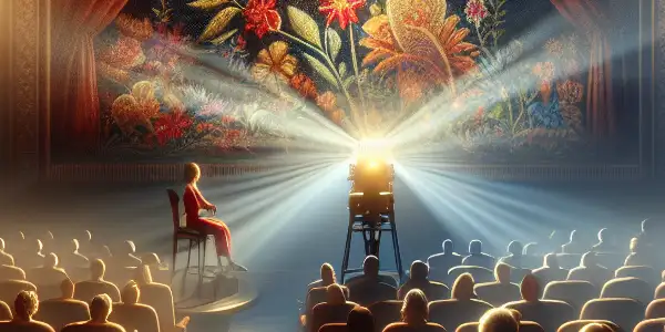 A vintage cinema scene featuring embroidered shoes on an ornate chair, with an intrigued audience and shadowy figures.