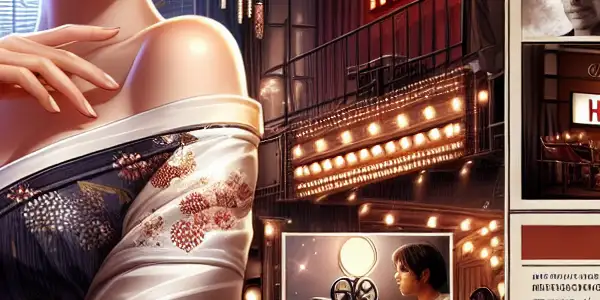 A glamorous Japanese actress on a film set, blending traditional and modern fashion, exuding charm and allure.