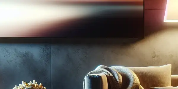 A cozy living room setup for discreet adult film viewing, featuring a plush sofa, ambient lighting, and subtle privacy elements.