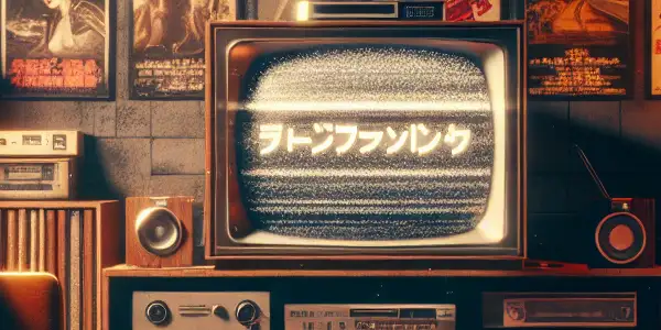 A cozy vintage living room featuring retro AV film posters, an old TV, and nostalgic decor.