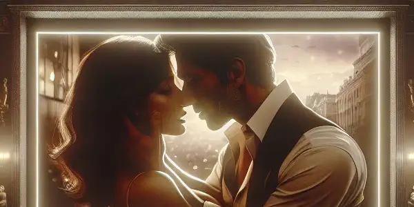 A luxurious, intimate cinema featuring a diverse couple in a passionate embrace on a glowing screen.