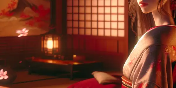 A romantic scene featuring Lulu in a Japanese bedroom, surrounded by cherry blossoms and soft ambient lighting.