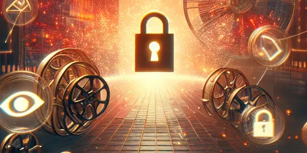 A vibrant digital landscape representing Japanese adult film culture, featuring film reels, screens, and symbols of privacy.